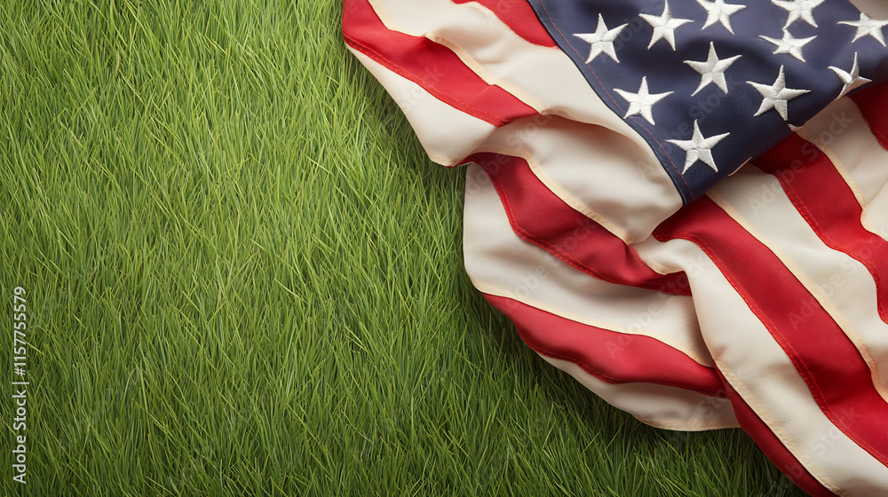 Fototapeta premium Patriotic American Flag Photo: Gently Draped on Lush Green Grass. AI Generated