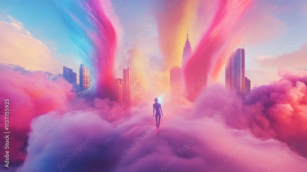 Vibrant Digital Painting: Figure Walking Through Dreamlike Cityscape. AI Generated Vibrant Digital Painting: Figure Walking Through Dreamlike Cityscape. AI Generated