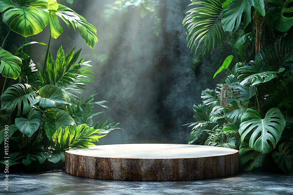 A 3D podium with a sleek white frame surrounded by lush green tropical leaves, perfect for natural product displays or branding presentations, exuding freshness and elegance A 3D podium with a sleek white frame surrounded by lush green tropical leaves, perfect for natural product displays or branding presentations, exuding freshness and elegance