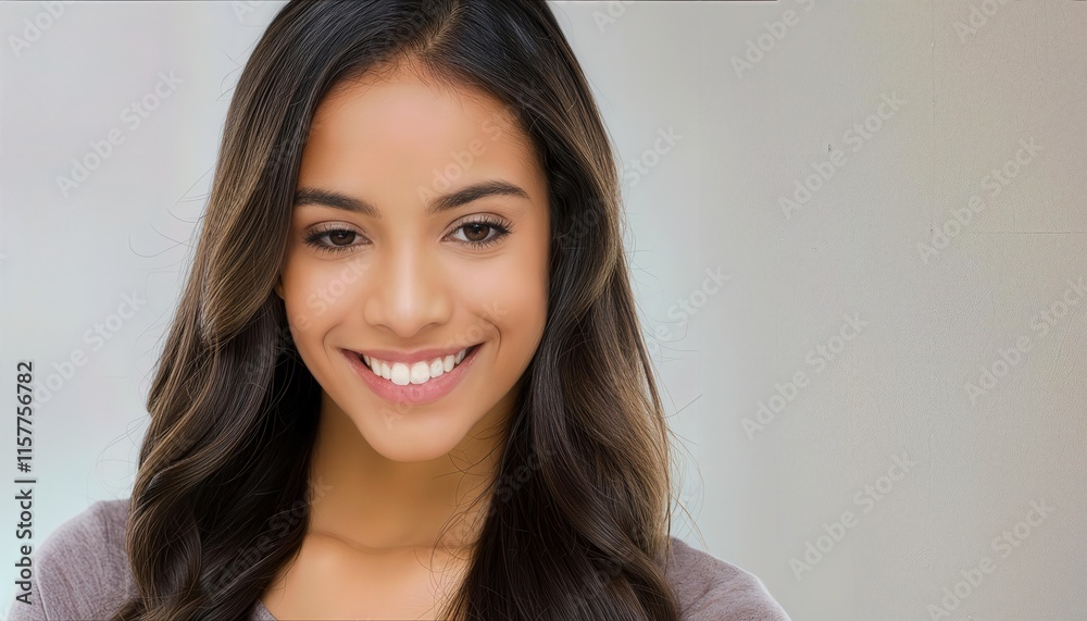 Closeup Portrait of a Beautiful Young Latin Hispanic Model Woman Smiling Radiantly with Clean Teeth, Capturing the Essence of Joy and Confidence in a Vibrant and Engaging Expression Closeup Portrait of a Beautiful Young Latin Hispanic Model Woman Smiling Radiantly with Clean Teeth, Capturing the Essence of Joy and Confidence in a Vibrant and Engaging Expression