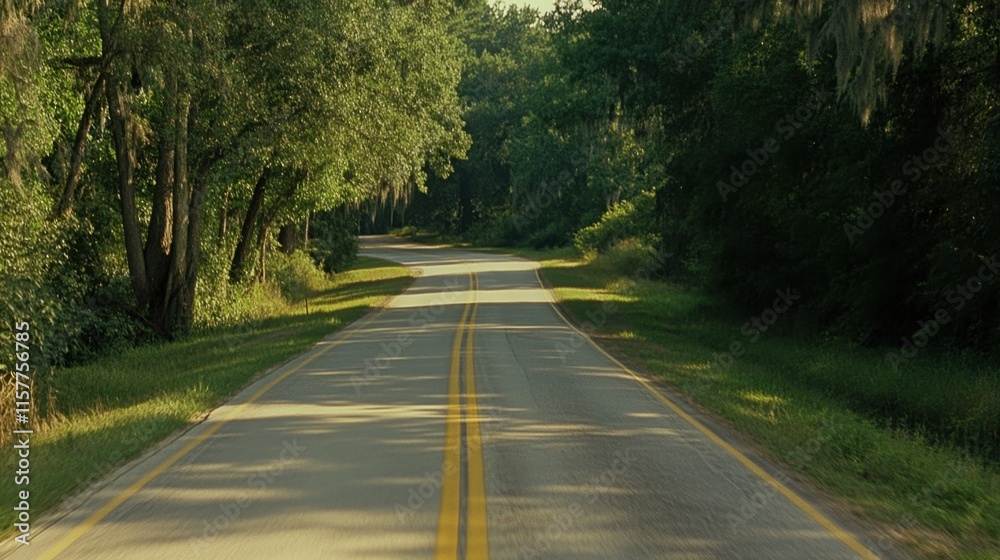 Fototapeta premium Serene Country Road Surrounded by Lush Green Trees in Natural Landscape
