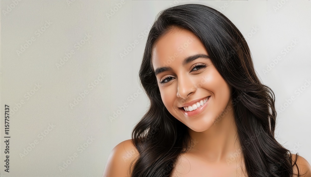 Closeup Portrait of a Beautiful Young Latin Hispanic Model Woman Smiling with Clean Teeth, Radiating Confidence and Charm, Perfect for Fashion, Beauty, and Lifestyle Campaigns Closeup Portrait of a Beautiful Young Latin Hispanic Model Woman Smiling with Clean Teeth, Radiating Confidence and Charm, Perfect for Fashion, Beauty, and Lifestyle Campaigns
