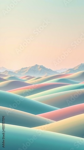 Pastel desert landscape with soft colorful dunes and mountains at sunrise photo