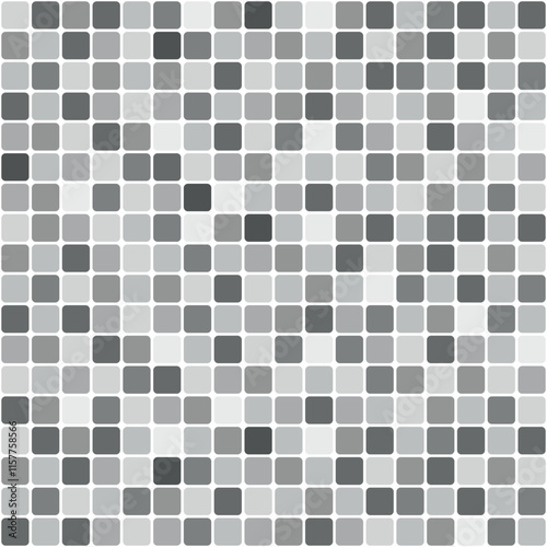 mosaic of rounded square tiles illustration, black and white in greyscale - seamless repeatable pattern texture background