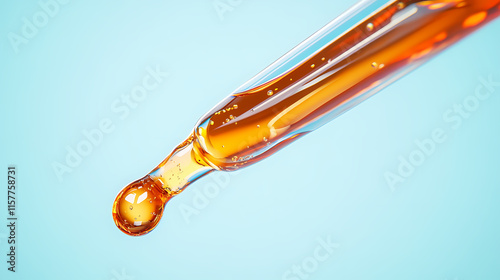 Close-up of viscous amber liquid dripping from a dropper on a light blue gradient background. Velutinous. Illustration photo