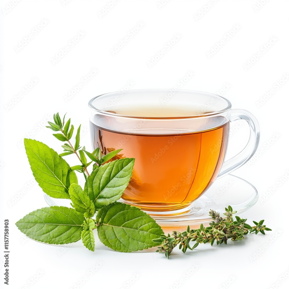 A clear cup of herbal tea accompanied by fresh herbs, showcasing a soothing and refreshing beverage perfect for relaxation. A clear cup of herbal tea accompanied by fresh herbs, showcasing a soothing and refreshing beverage perfect for relaxation.