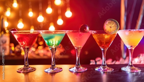 Wallpaper Mural Colorful Cocktails in a Glass on the Bar Counter with Neon Lights Illuminating the Dark Night Background A Vibrant Nightlife Experience Captured in a Stunning Image Torontodigital.ca