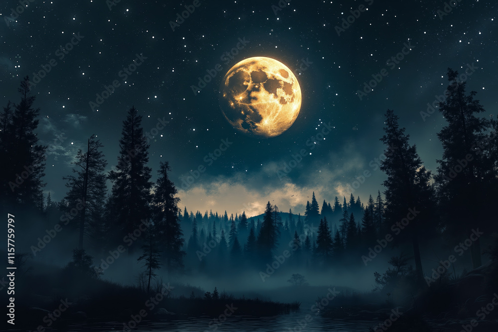 A full moon in the night sky over a lake surrounded by trees A full moon in the night sky over a lake surrounded by trees