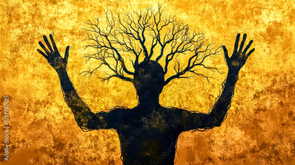 Tree slowly transforming into a human silhouette raising arms Tree slowly transforming into a human silhouette raising arms