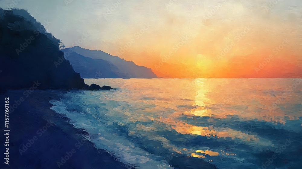 Obraz premium Vibrant Coastal Sunset: A Painterly Digital Illustration. AI Generated