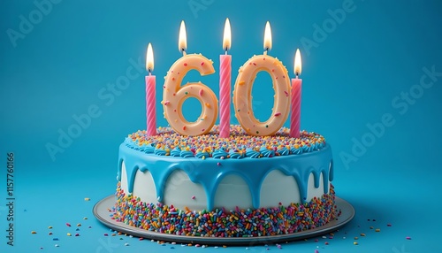 Vibrant 60th Birthday Cake with Blue Frosting, Colorful Sprinkles, and Burning Candles on Blue Background