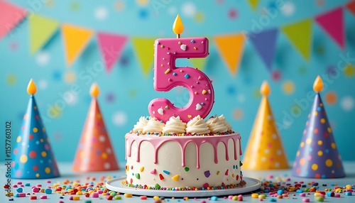 Colorful 5th Birthday Cake with Party Hats on Festive Background