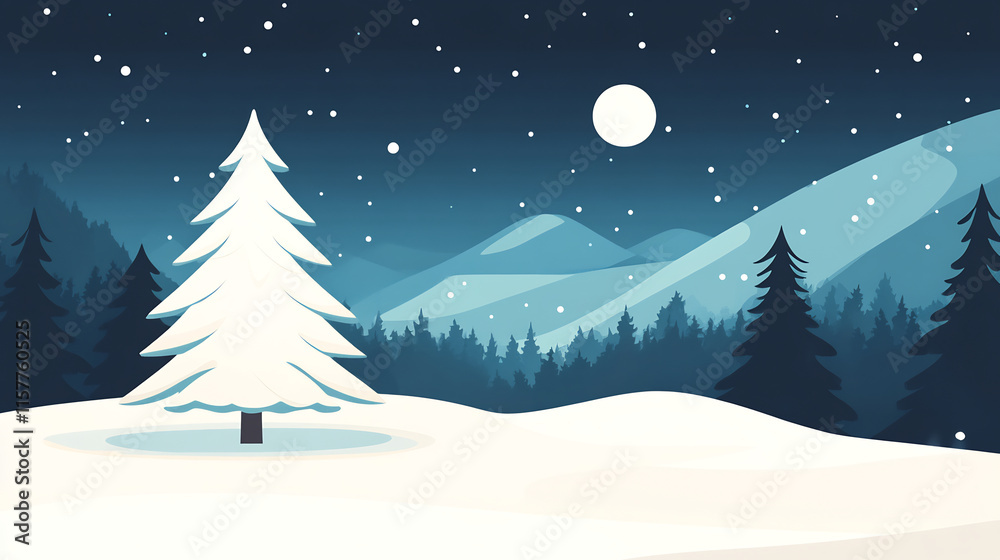 Serene Winter Night: Snow-Covered Tree in Mountainous Landscape - Digital Illustration. AI Generated