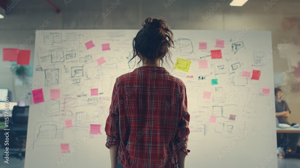 Young Creative Woman Analyzing Project Brainstorming on Wall Filled with Colorful Sticky Notes and Diagrams in Modern Office Space Young Creative Woman Analyzing Project Brainstorming on Wall Filled with Colorful Sticky Notes and Diagrams in Modern Office Space