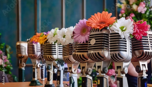 Concepto de msica y radio Micrfono retro decorado con flores de colores para evento musical. Un diseo vibrante que combina nostalgia y creatividad en un cartel atractivo y nico. photo