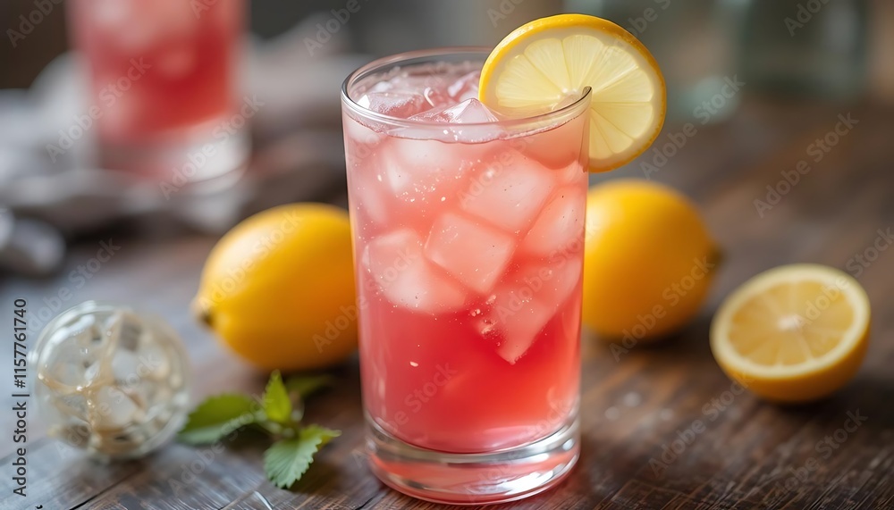 Fototapeta premium Refreshing Pink Lemonade with Ice Cubes and Lemons on Table