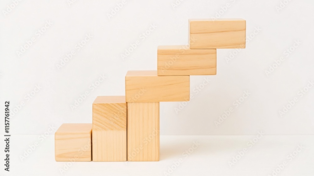 Wooden Building Blocks Forming a Stair Step Structure on White Background Wooden Building Blocks Forming a Stair Step Structure on White Background