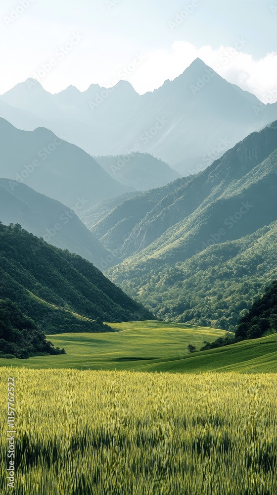 Obraz premium Beautiful golden field with mountains during sunset in a rural landscape