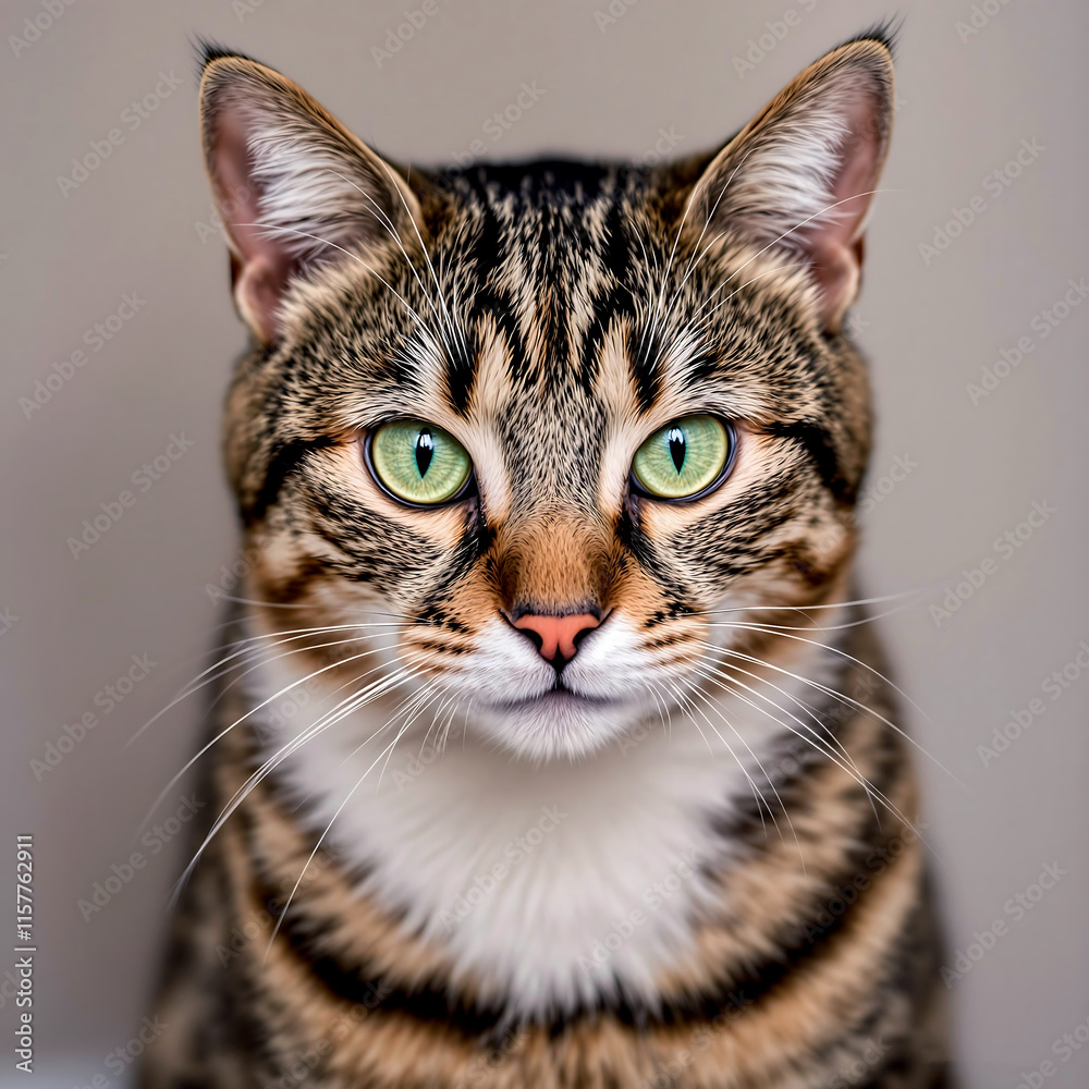 Obraz premium Portrait of a Tabby Cat with Bright Green Eyes