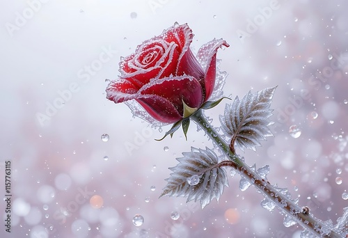 Frozen Rose with Icy Stem - Exquisite Winter Floral Beauty