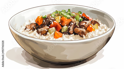 A bowl of rice with meat and vegetables. Velutinous. Illustration photo