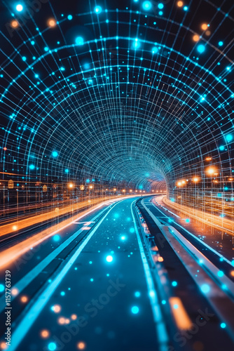 A long exposure shot of a tunnel with blue lights photo