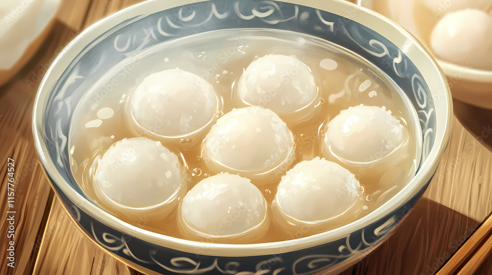 A close-up shot of a bowl of glutinous rice balls floating in a sweet soup. Velutinous. Illustration A close-up shot of a bowl of glutinous rice balls floating in a sweet soup. Velutinous. Illustration