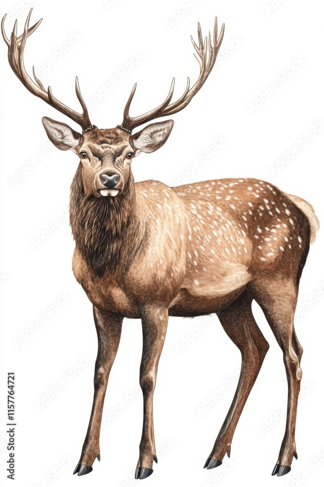 Fototapeta premium sketch of a red deer, illustration isolated on a white background. Sketch of a male elk with antlers, standing in a full-body portrait. Illustration for wall art and decoration