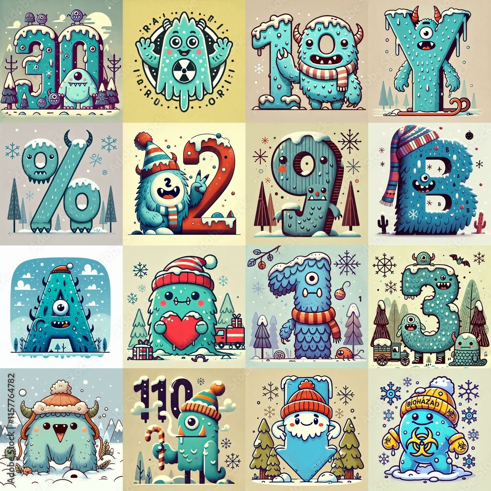 Obraz premium Cartoon Winter Monsters Lettering Typeface. AI generated illustration