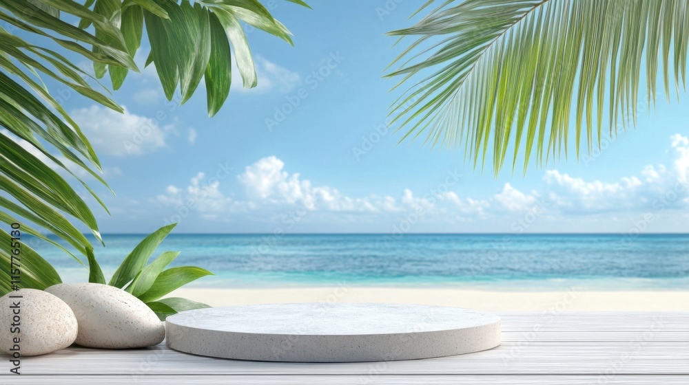Obraz premium Tranquil Beach Setting with Palm Leaves and Smooth Rocks by Ocean