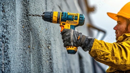 Worker drilling into a textured wall with a power tool. photo