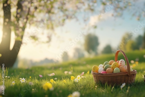 A truly serene and beautiful spring scene features a charming wicker basket filled with a variety of colorful Easter eggs, nestled amidst an idyllic and blooming landscape full of life photo