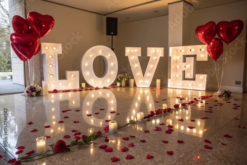Create a romantic indoor scene featuring large, illuminated marquee letters spelling out 
