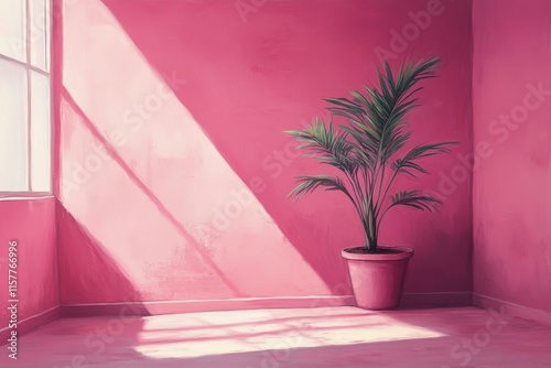 Elegant indoor plant against vibrant pink wall with natural light streaming in