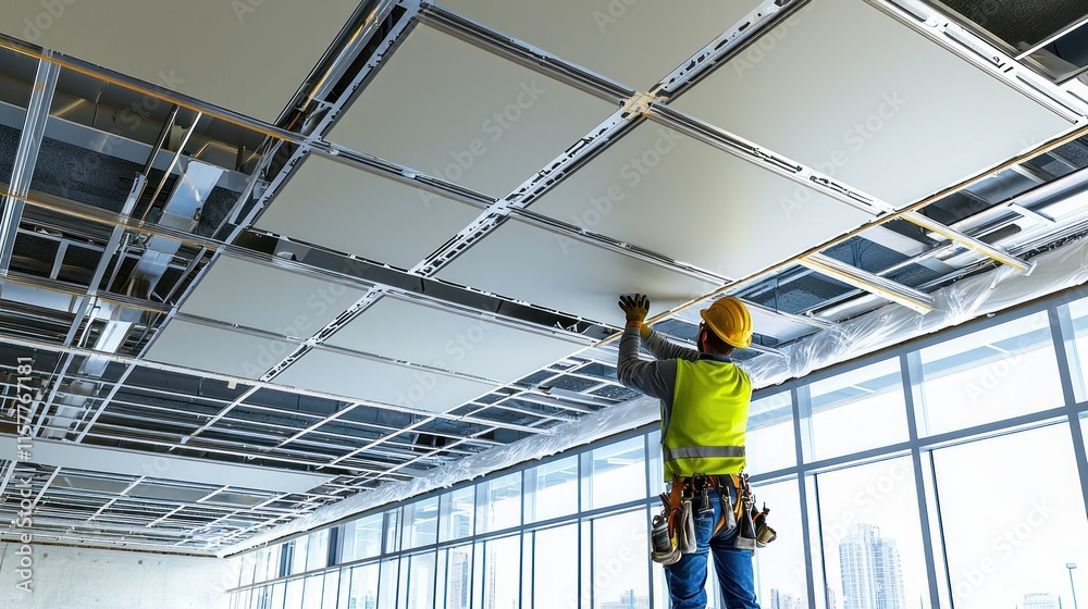 Worker installing ceiling tiles in a modern office space. Worker installing ceiling tiles in a modern office space.
