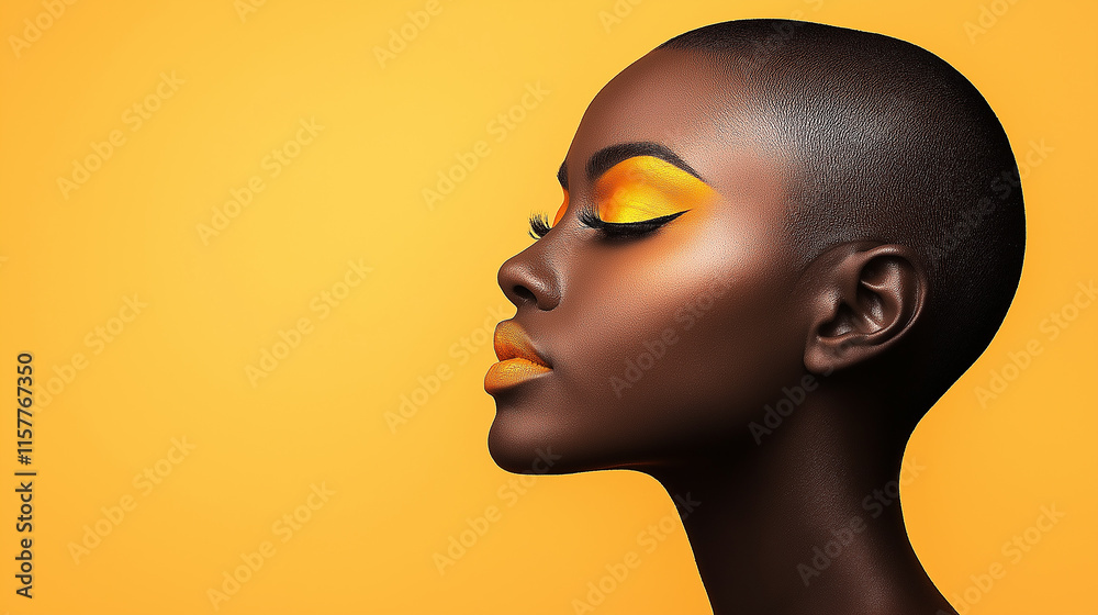 Beautiful black woman with yellow makeup posing on yellow background