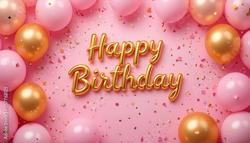 Pink Balloons Birthday Background with Golden Balloon and Confetti Decoration