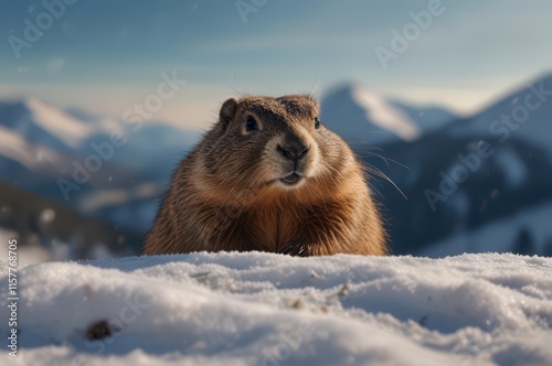 Funny plumpy photorealistic groundhog in snowy mountains landscape on background. Grounddhog day celebration. Types of animals concept