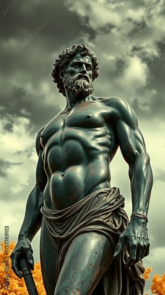 Depiction of a bronze statue representing Hercules, showcasing muscular detail and a strong pose, set against a moody sky with visible clouds Depiction of a bronze statue representing Hercules, showcasing muscular detail and a strong pose, set against a moody sky with visible clouds