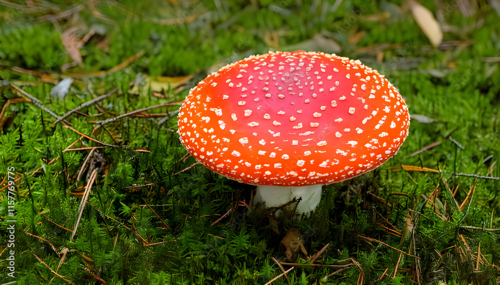 Red fly agaric mushroom sprouting amid verdant moss in forest understory Red fly agaric mushroom sprouting amid verdant moss in forest understory