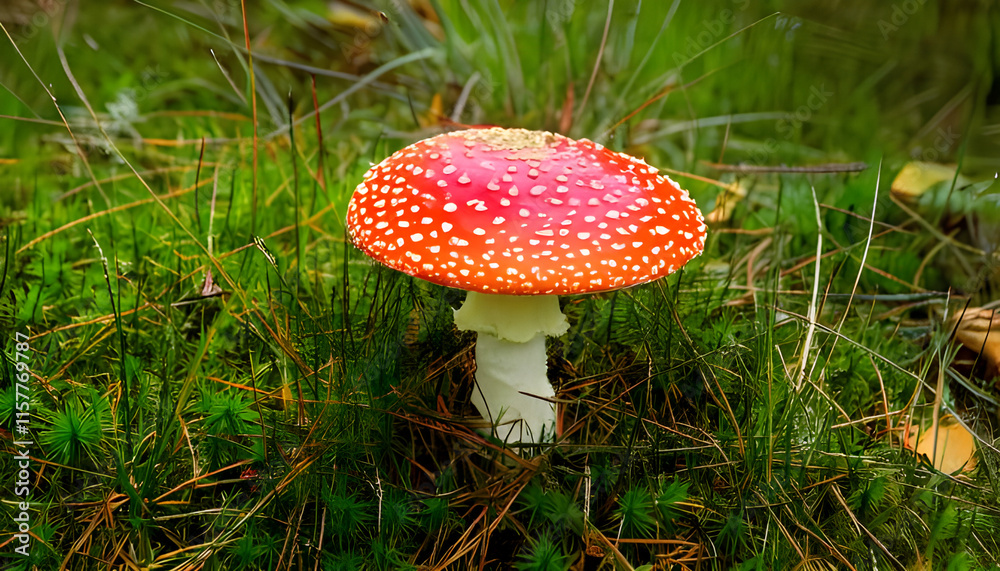Red and white spotted mushroom growing in a forest, surrounded by green moss and pine needles Red and white spotted mushroom growing in a forest, surrounded by green moss and pine needles