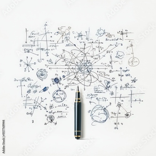 A detailed sketch of scientific equations and diagrams with a classic pen, representing the beauty of mathematical thought.