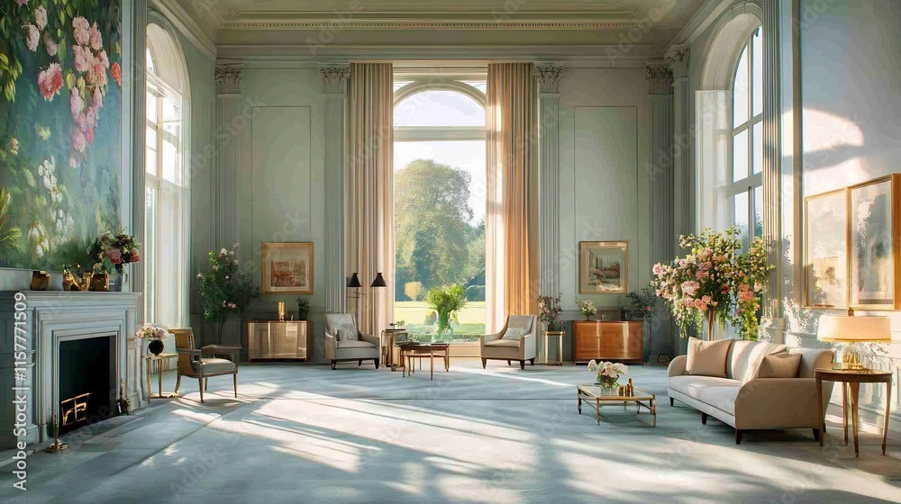 Fototapeta premium Serene Sunlight Streams Through Grand Room: Wide Shot Photo. AI Generated