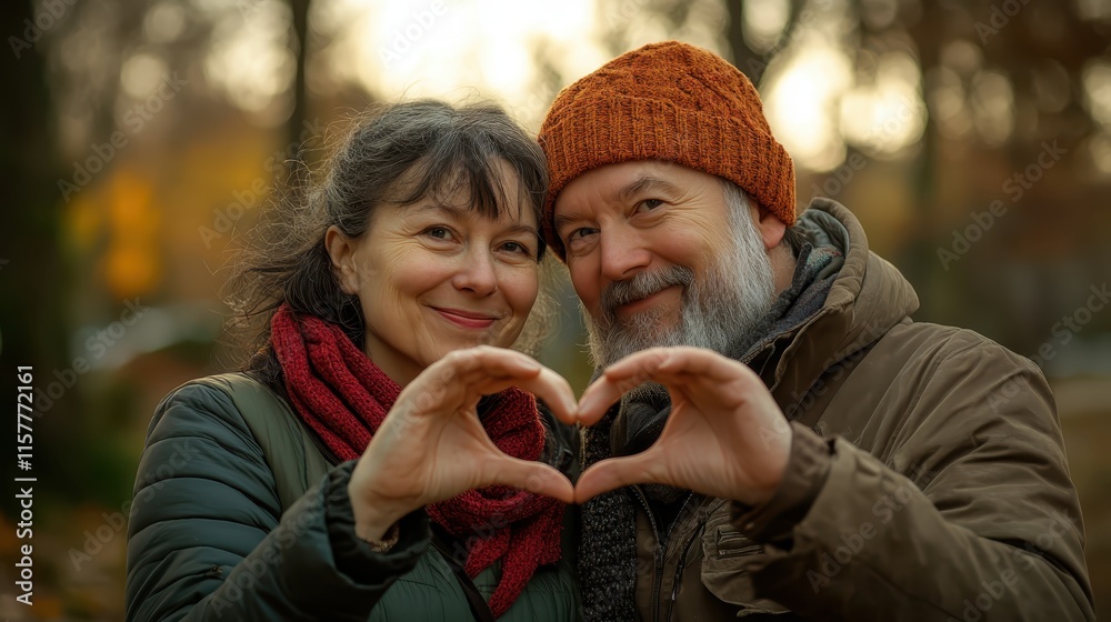Obraz premium lovely couple making a heart shape with their hands, outdoors in a park. Close-up view of a middle-aged man and woman showing a love sign to the camera, a Valentine's Day concept