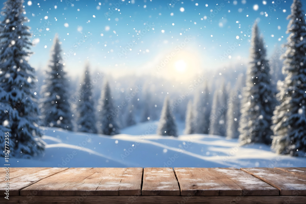 A wooden table covered in frost or ice and winter background of snowfalls backdrop, blurry blue winter sunny landscape with fir trees background, bokeh flakes effect Christmas tree in the snow, card A wooden table covered in frost or ice and winter background of snowfalls backdrop, blurry blue winter sunny landscape with fir trees background, bokeh flakes effect Christmas tree in the snow, card