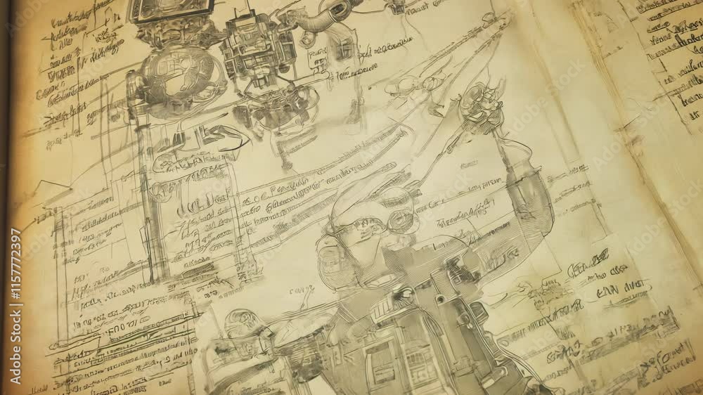In a dimly lit room, ancient manuscripts reveal fascinating plans of a cyborg, blending artistry and technology. Unique sketches showcase imagination and creativity from a distant past. In a dimly lit room, ancient manuscripts reveal fascinating plans of a cyborg, blending artistry and technology. Unique sketches showcase imagination and creativity from a distant past.