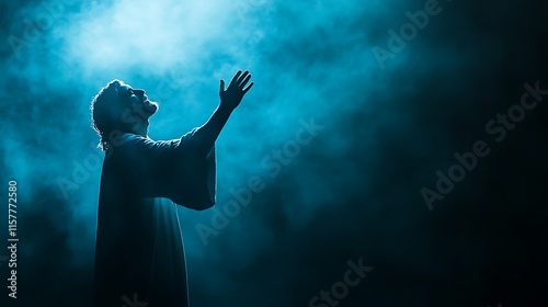 Silhouetted Figure Devotedly Praying, Nighttime Atmospheric Photo, Close-Up View. AI Generated