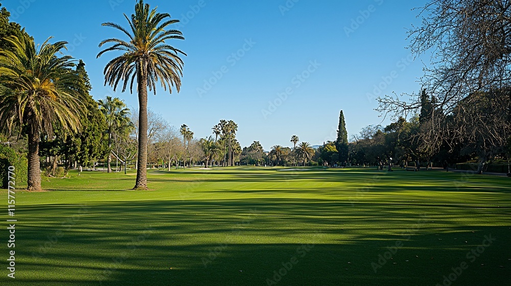 Sunny golf course with palm trees and shadows. Sunny golf course with palm trees and shadows.