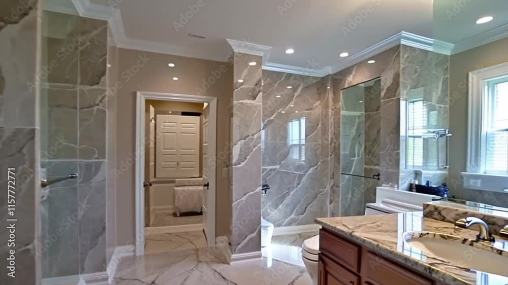 Spacious bathroom with marble floors walls, walk-in shower, double vanity, and separate toilet in luxurious setting