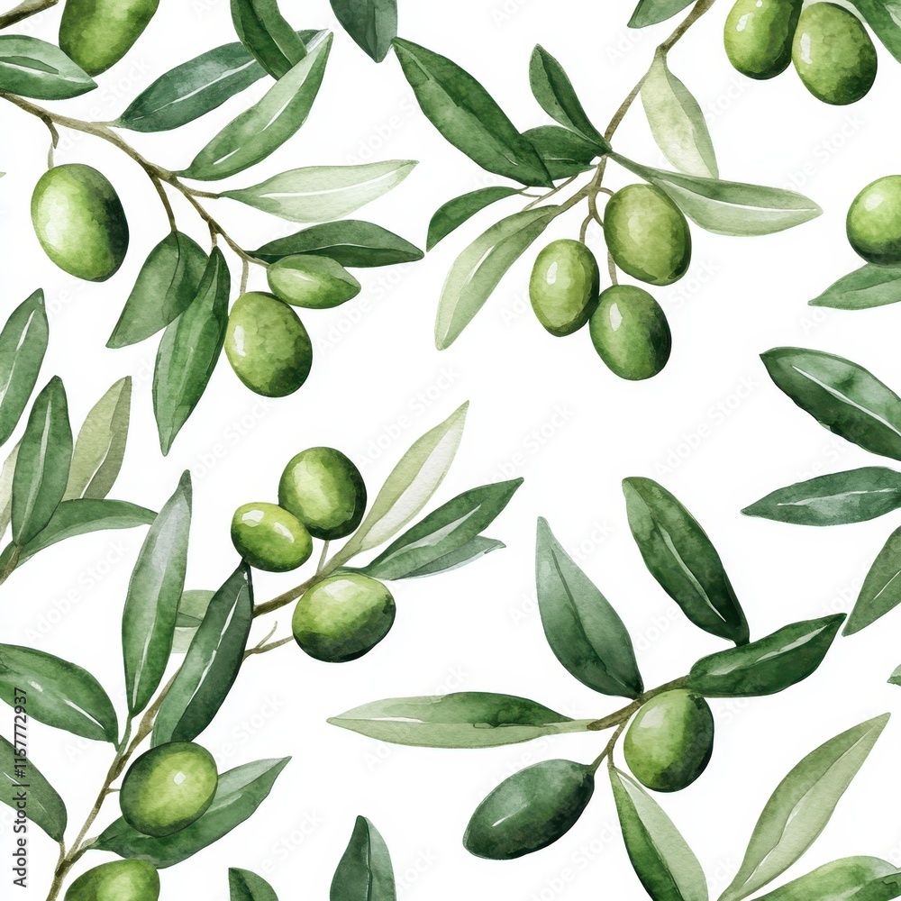 Watercolor olive tree pattern with green olives and leaves on a white background. Watercolor olive tree pattern with green olives and leaves on a white background.